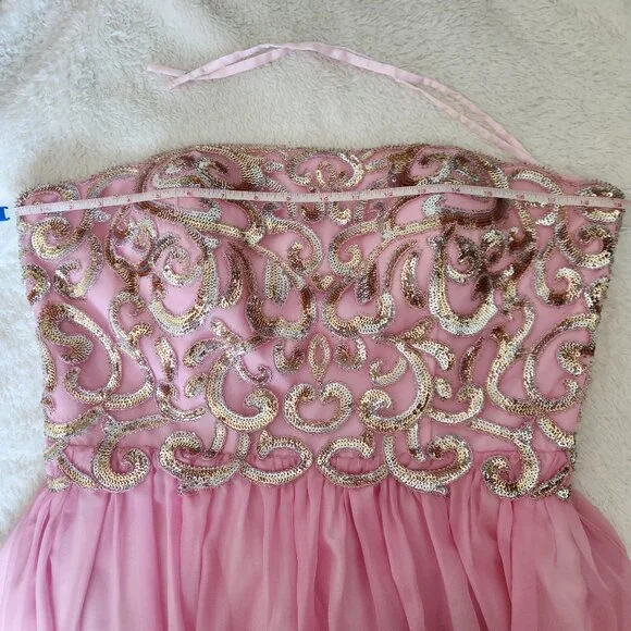 Alyce Paris Cosmo Pink Chiffon Strapless Prom Dress Gold Sequin Bodice Size 14 - Picture 7 of 7